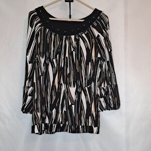 Apostrophe Black Tan and White Abstract Top With Jeweled Neck Size Large #178